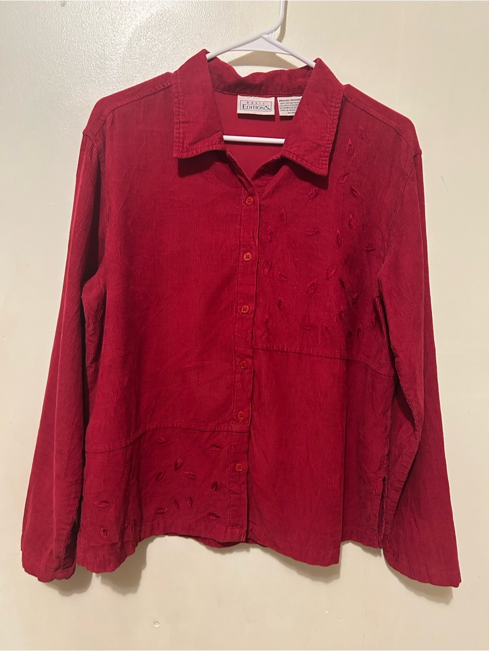 VTG Basic Editions Women's Cottagecore Embroidered Red Corduroy Shirt Sz M